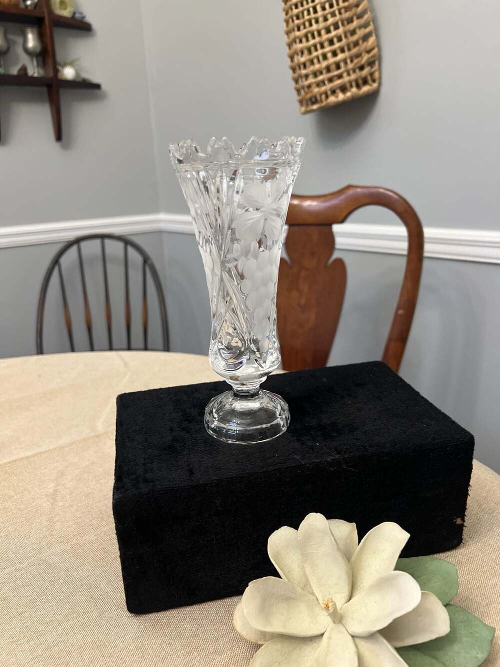 Vintage Cut Crystal Vase With Grape and Leaf Accents and Saw Tooth Edge